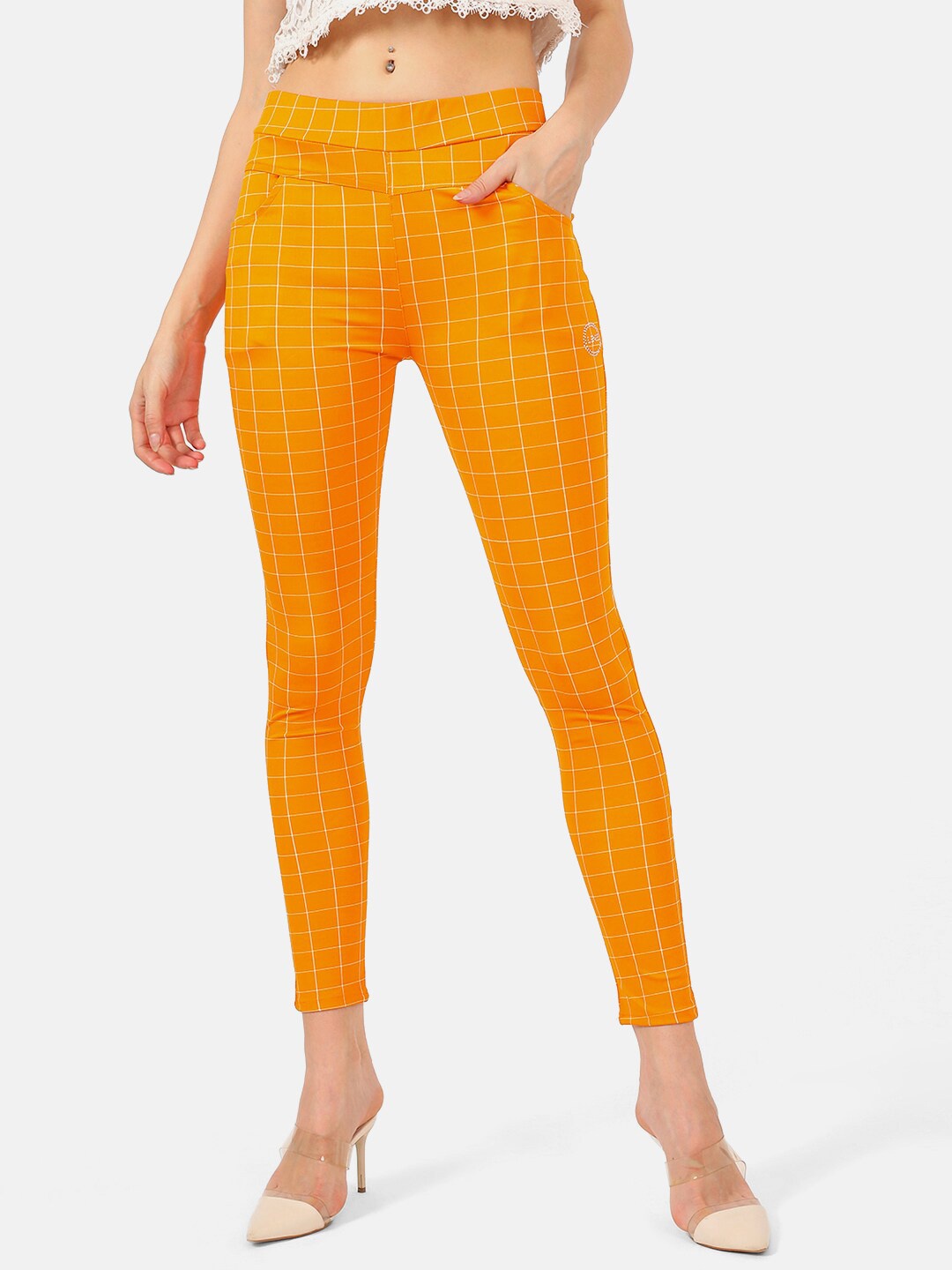 

V2 Value & Variety Women Mustard Yellow & White Checked Cotton Jeggings