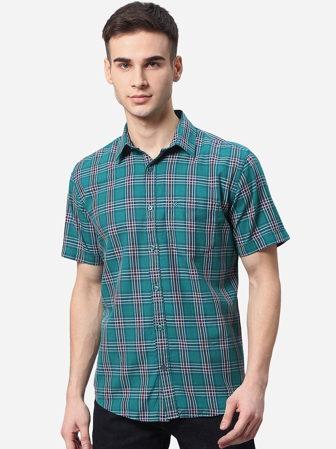 

Greenfibre Men Teal & White Pure Cotton Tartan Checked Casual Shirt