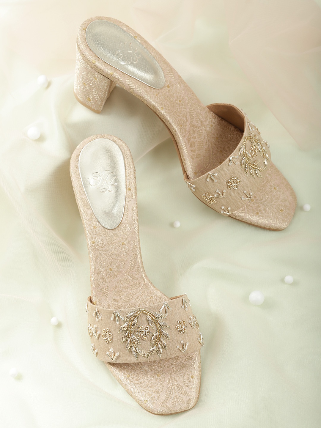 

House of Pataudi Beige & Gold-Toned Embroidered Handcrafted Open Toe Block Heels
