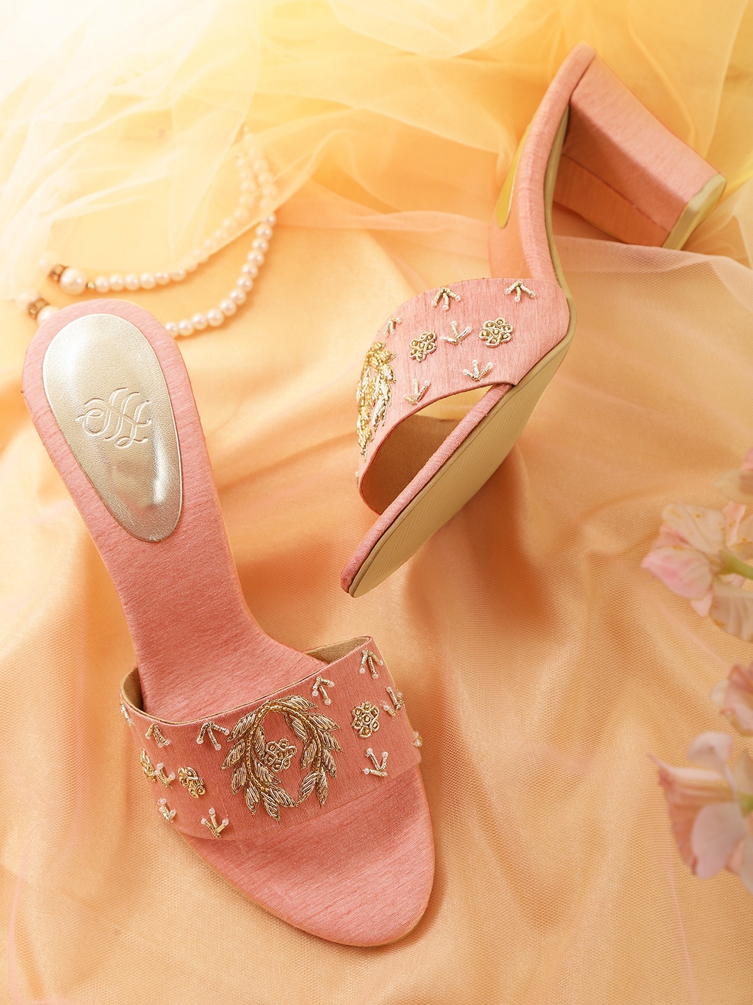 

House of Pataudi Pink & Gold-Toned Embroidered Handcrafted Open Toe Block Heels