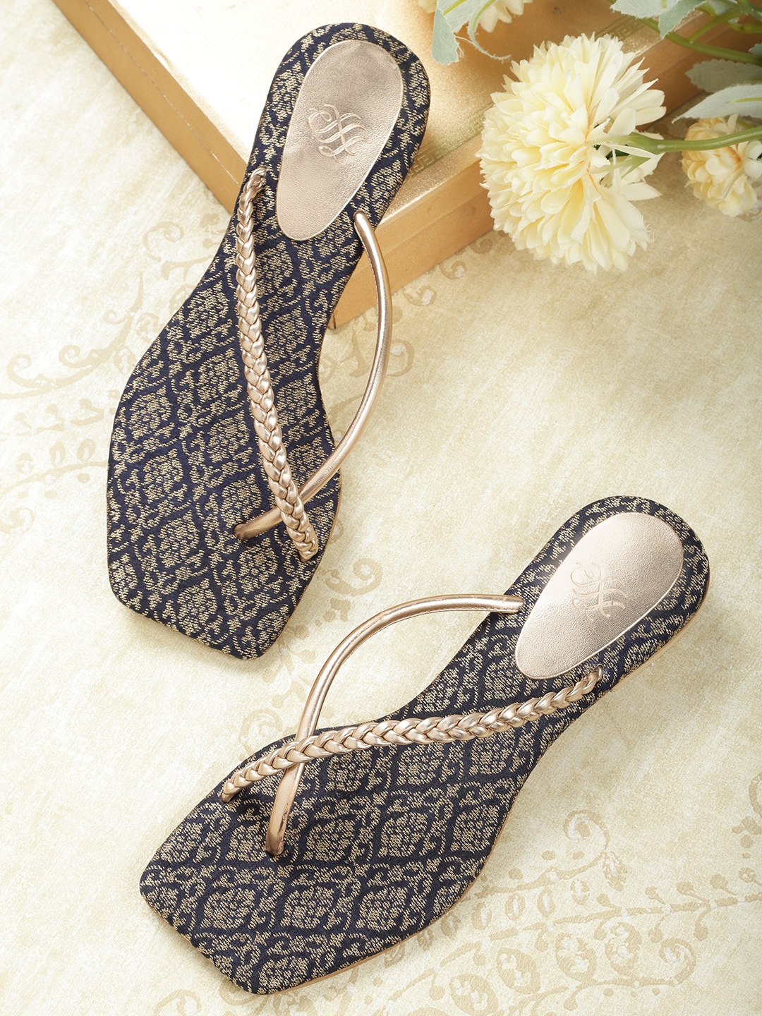 

House of Pataudi Women Gold-Toned Braided Handcrafted T-Strap Flats