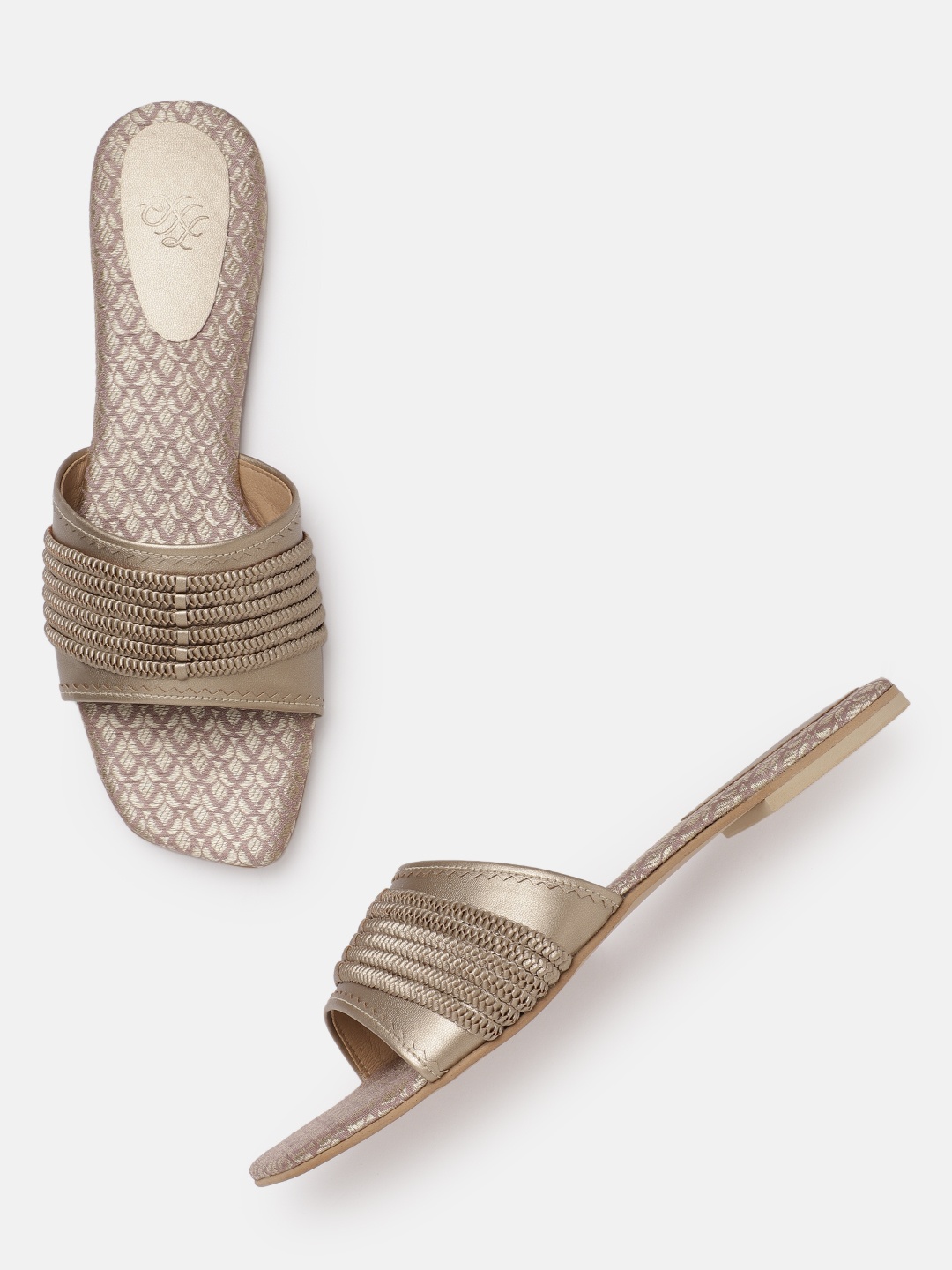 

House of Pataudi Women Gold-Toned Braided Handcrafted Open Toe Flats