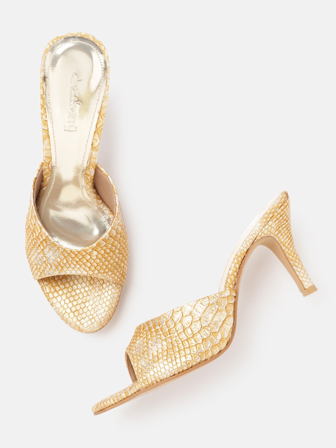 

DressBerry Gold-Toned & White Snakeskin Textured Handcrafted Slim Heels