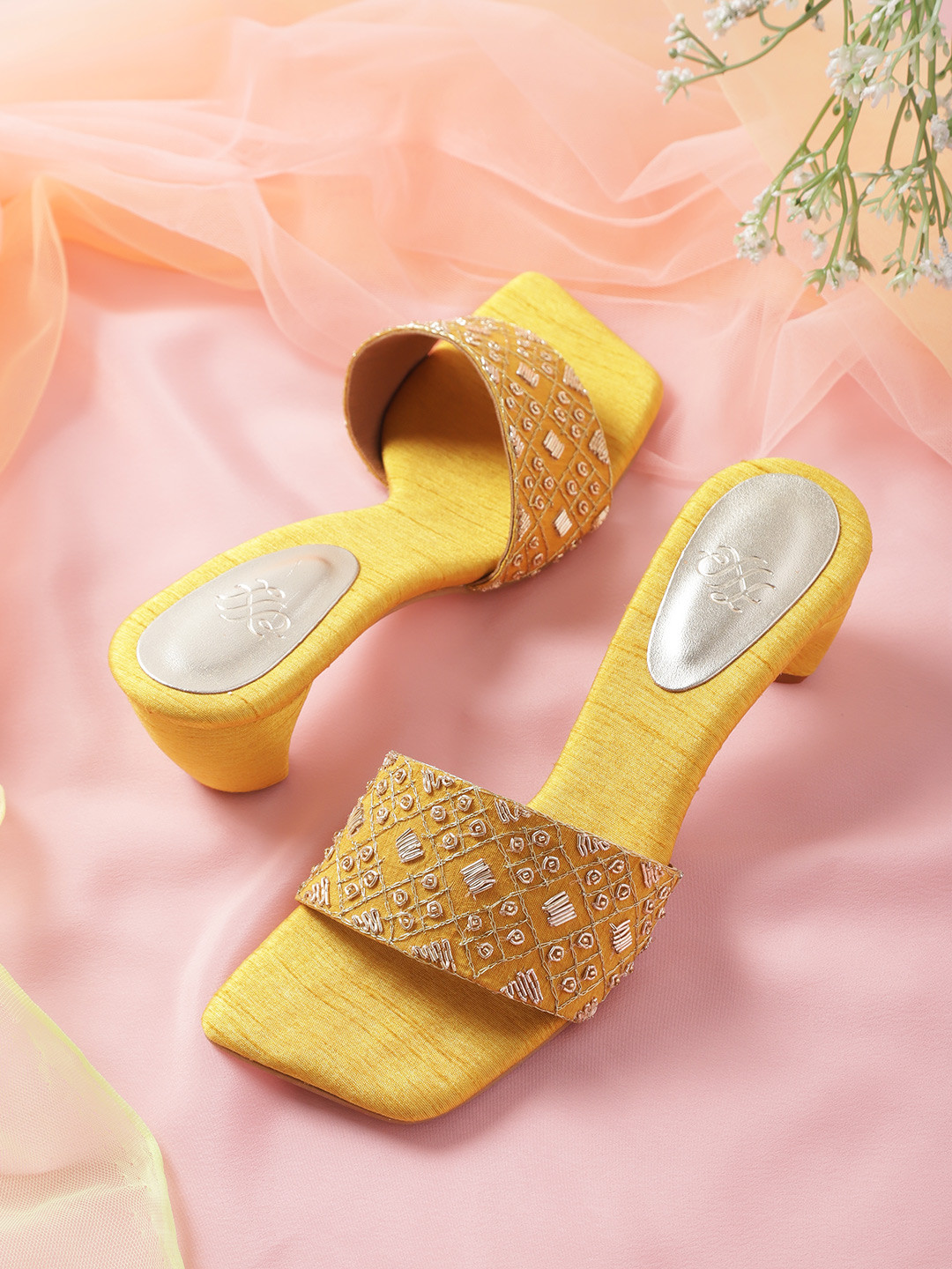 

House of Pataudi Yellow & Gold-Toned Embroidered Handcrafted Open Toe Block Heels