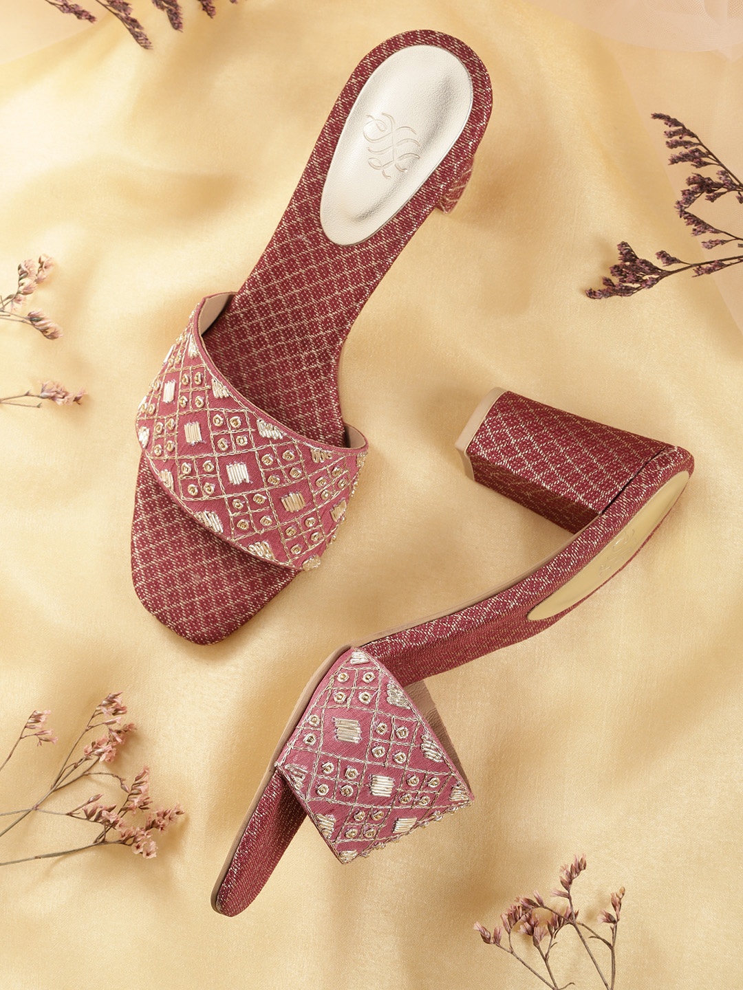 

House of Pataudi Maroon & Gold-Toned Embroidered Handcrafted Open Toe Block Heels