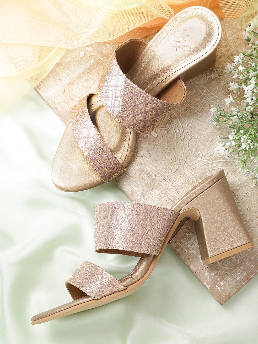 

House of Pataudi Lavender & Gold-Toned Woven Design Handcrafted Block Heels