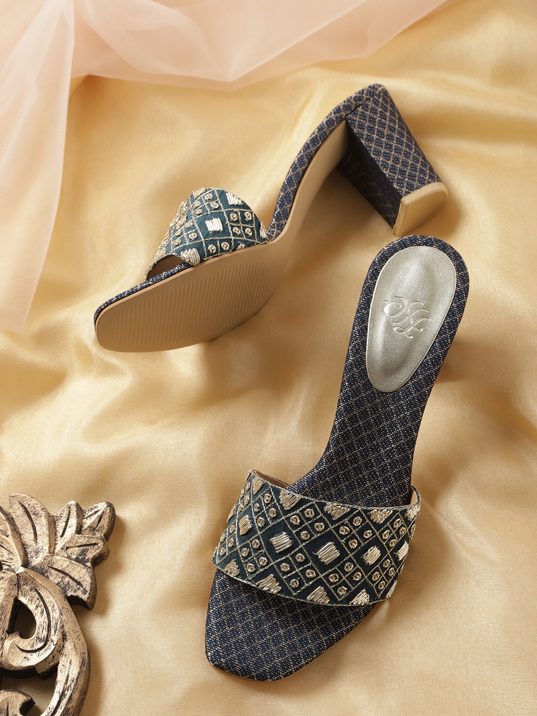 

House of Pataudi Navy Blue & Gold-Toned Embroidered Handcrafted Open Toe Block Heels