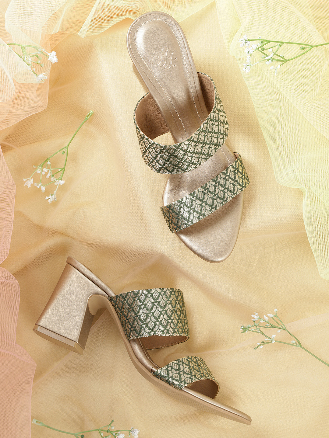

House of Pataudi Green & Gold-Toned Woven Design Handcrafted Block Heels