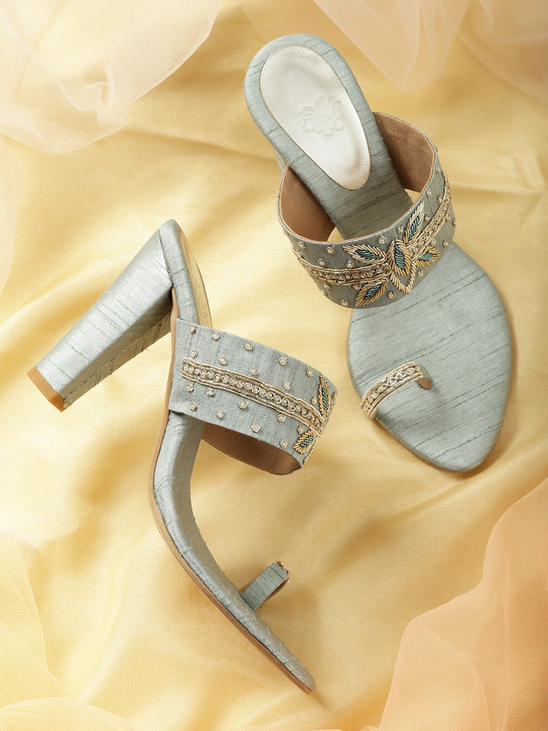 

House of Pataudi Blue & Gold-Toned Embroidered Handcrafted One Toe Block Heels
