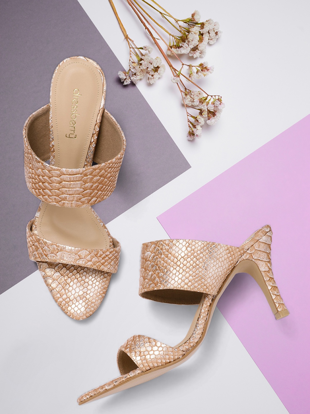 

DressBerry Peach-Coloured & Gold-Toned Snakeskin Textured Handcrafted Slim Heels