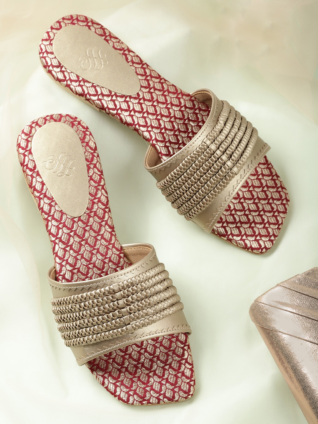 

House of Pataudi Women Muted Gold-Toned Handcrafted Braided Ethnic Open Toe Flats