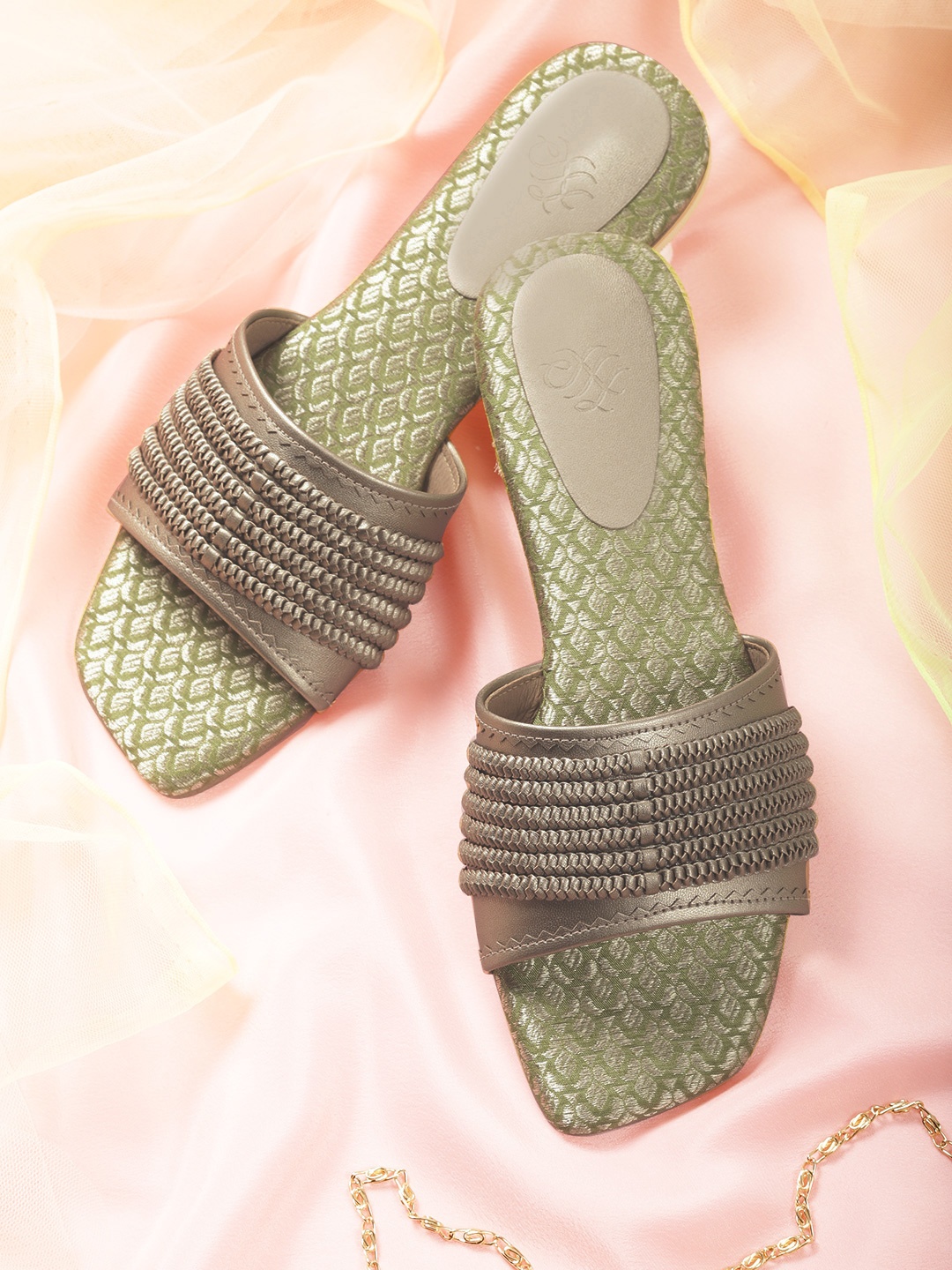 

House of Pataudi Women Muted Gold-Toned Handcrafted Braided Ethnic Open Toe Flats