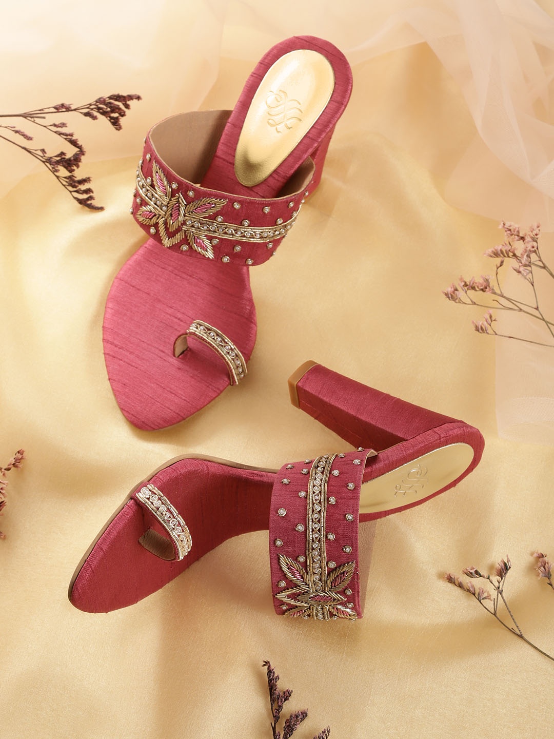 

House of Pataudi Magenta & Gold-Toned Embroidered Handcrafted One Toe Block Heels