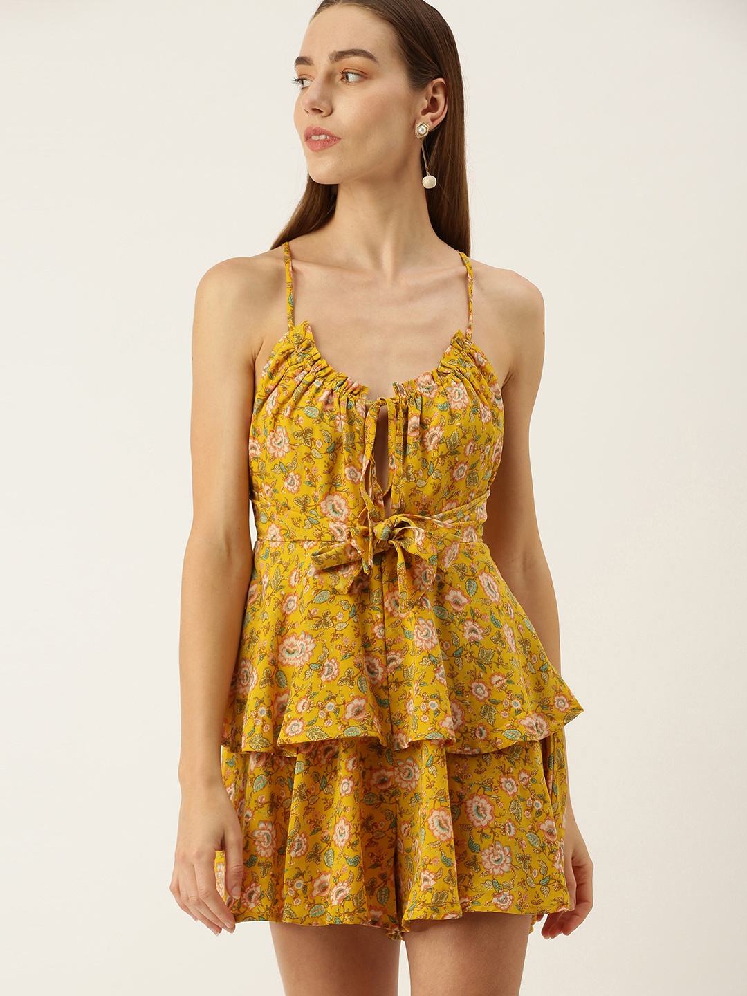 

FOREVER 21 Mustard Floral Print Layered Playsuit