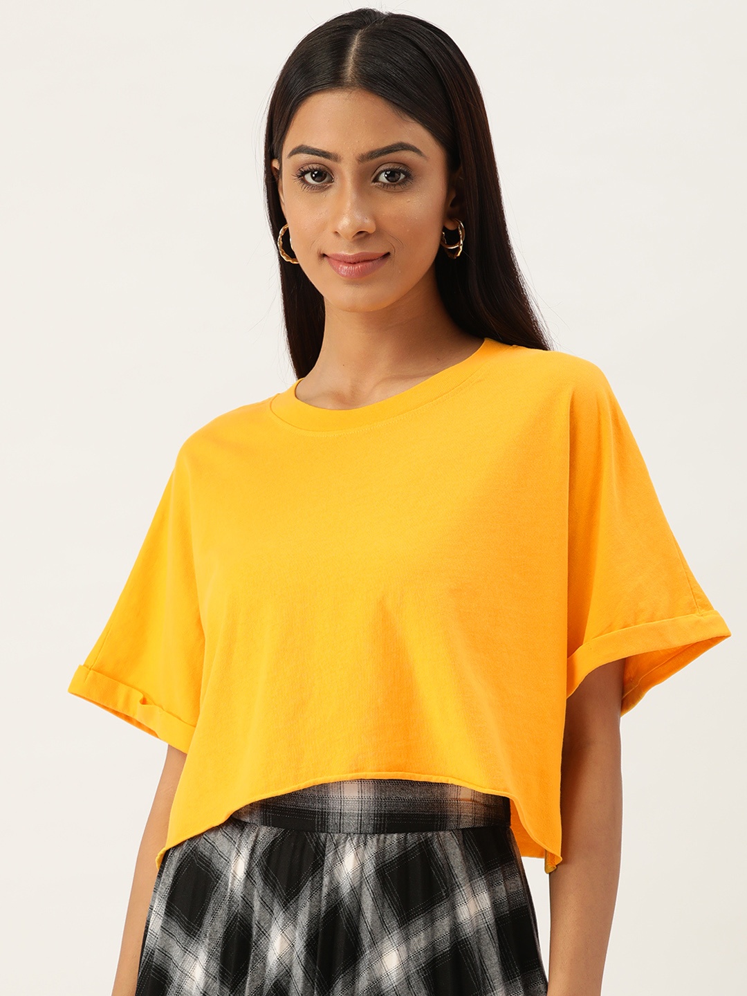 

FOREVER 21 Women Yellow Extended Sleeves Boxy Crop Cotton T-shirt