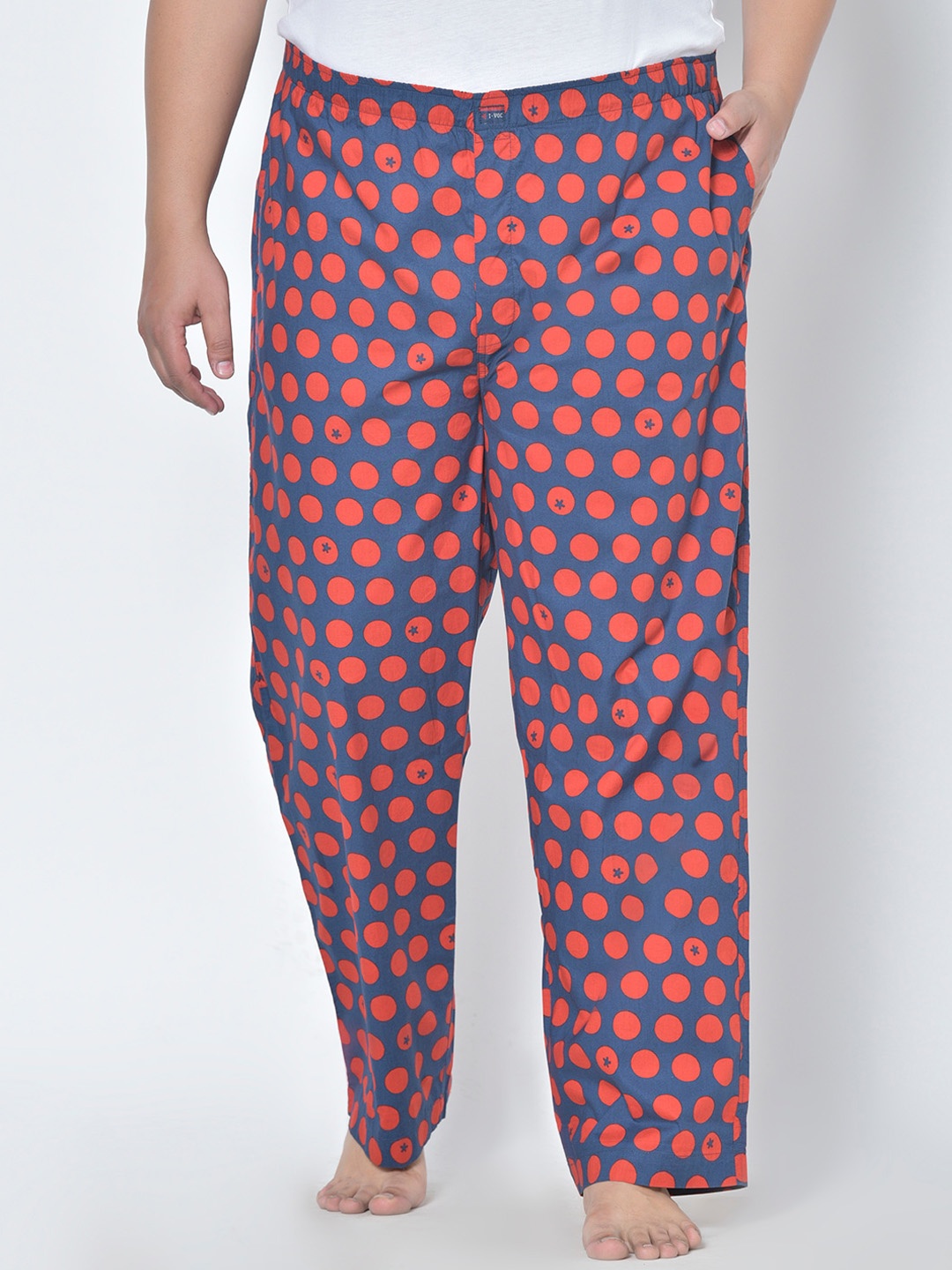

IVOC Men Navy Blue & Red Polka Dot Printed Pure Cotton Plus Size Lounge Pants