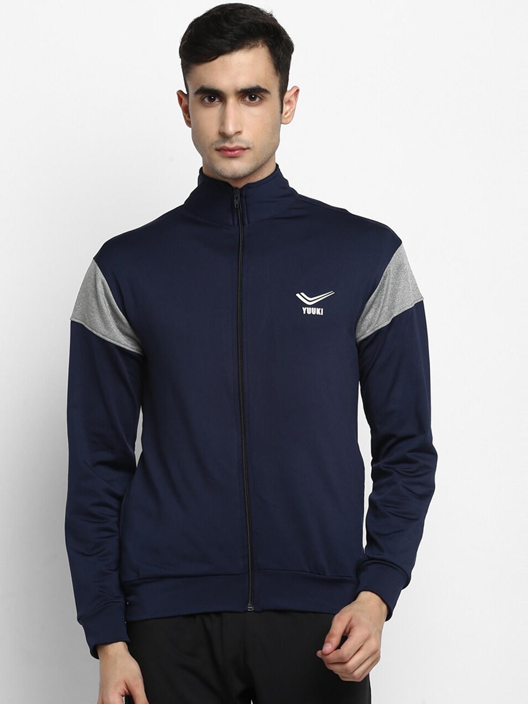 

Yuuki Men Navy Blue and Grey Colourblocked Lightweight Sporty Jacket