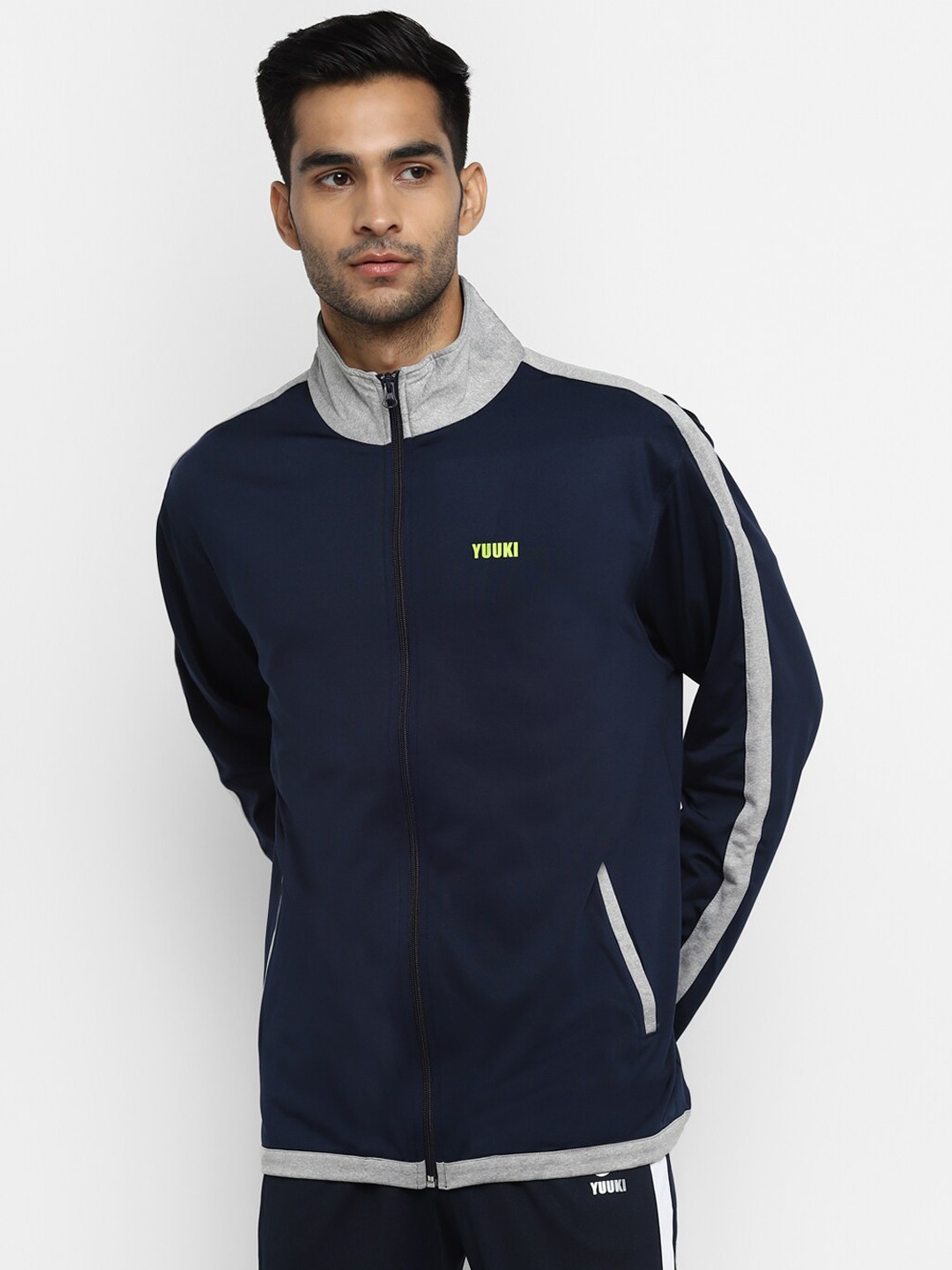 

Yuuki Men Navy Blue and Grey Lightweight Sporty Jacket