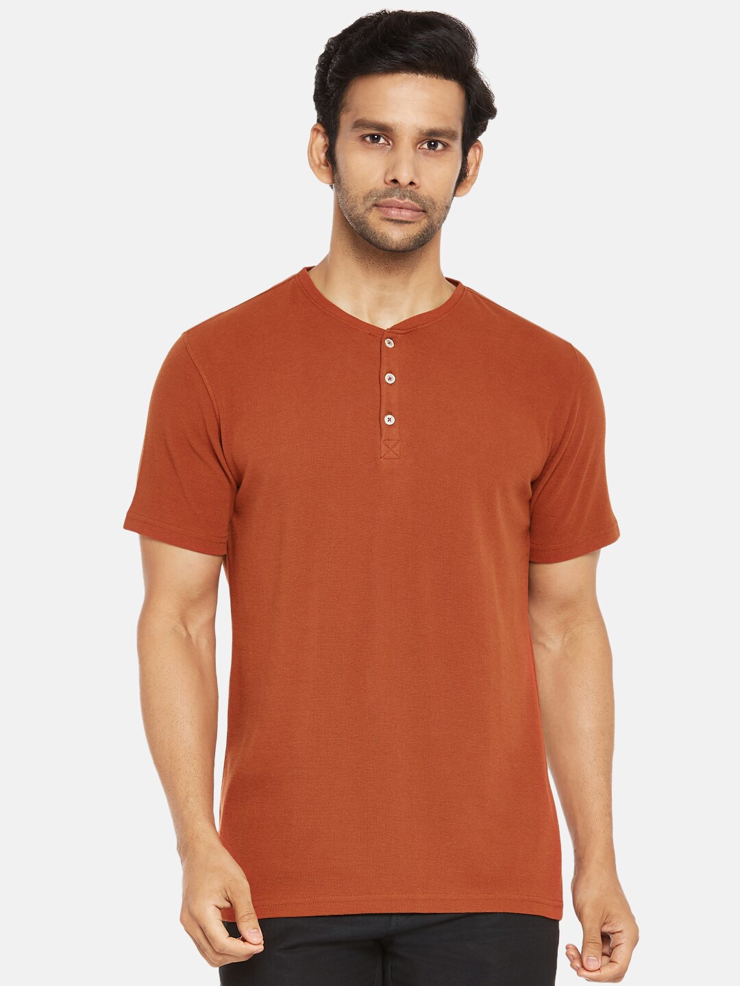 

BYFORD by Pantaloons Men Rust Henley Neck Slim Fit T-shirt
