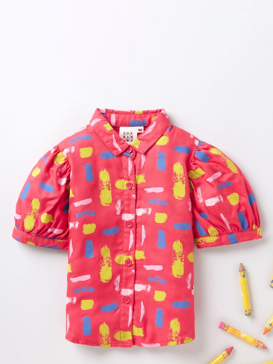 

Ed-a-Mamma Girls Red and Yellow Abstract Printed Shirt Style Top