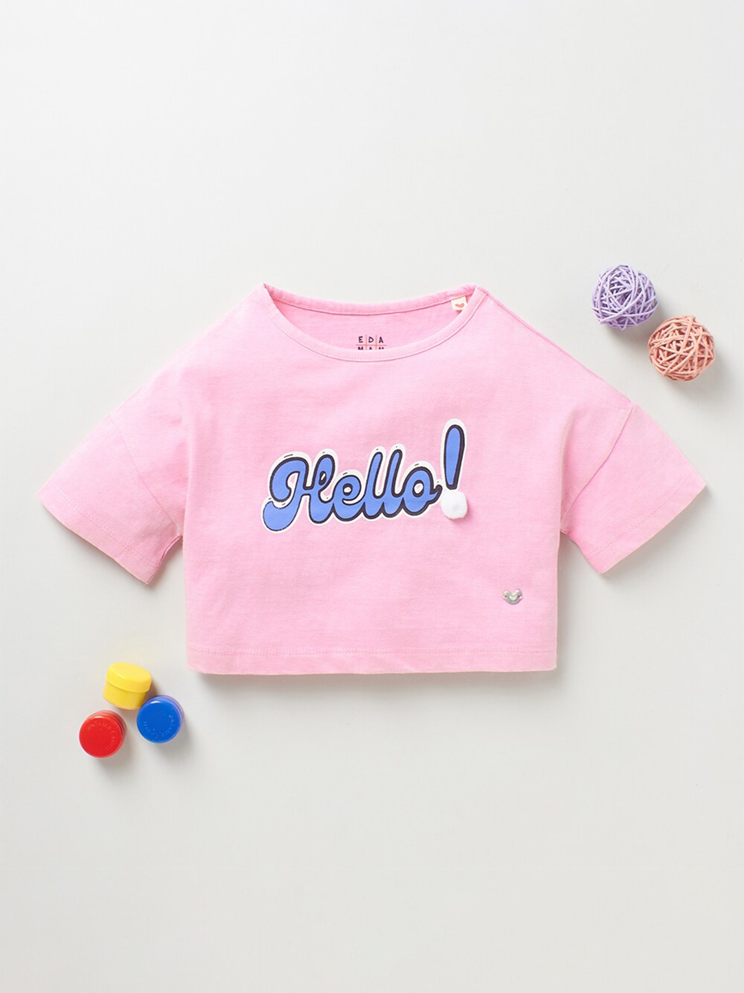 

Ed-a-Mamma Girls Pink and Blue Typography Printed Crop T-shirt