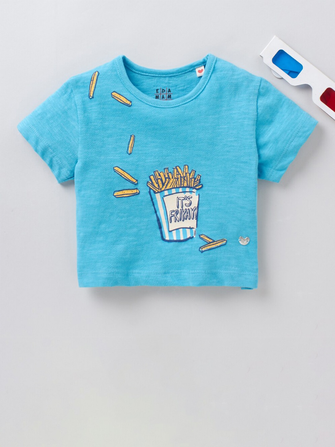 

Ed-a-Mamma Girls Blue and Mustard Graphic Printed Crop T-shirt