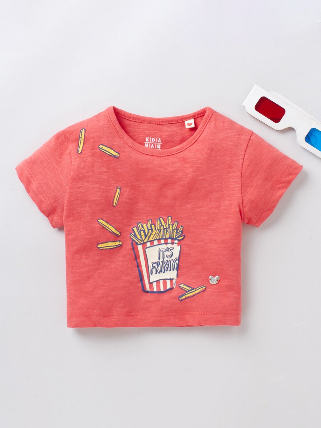 

Ed-a-Mamma Girls Red and Mustard Graphic Printed Crop T-shirt