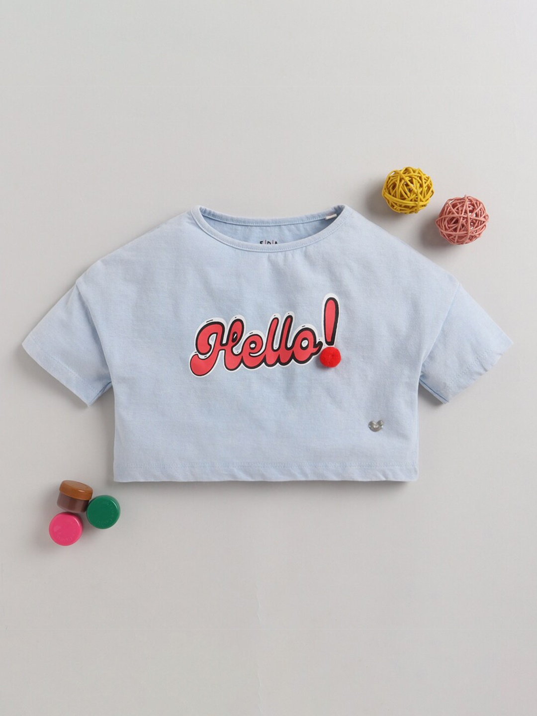 

Ed-a-Mamma Girls Blue and Red Typography Printed Crop T-shirt