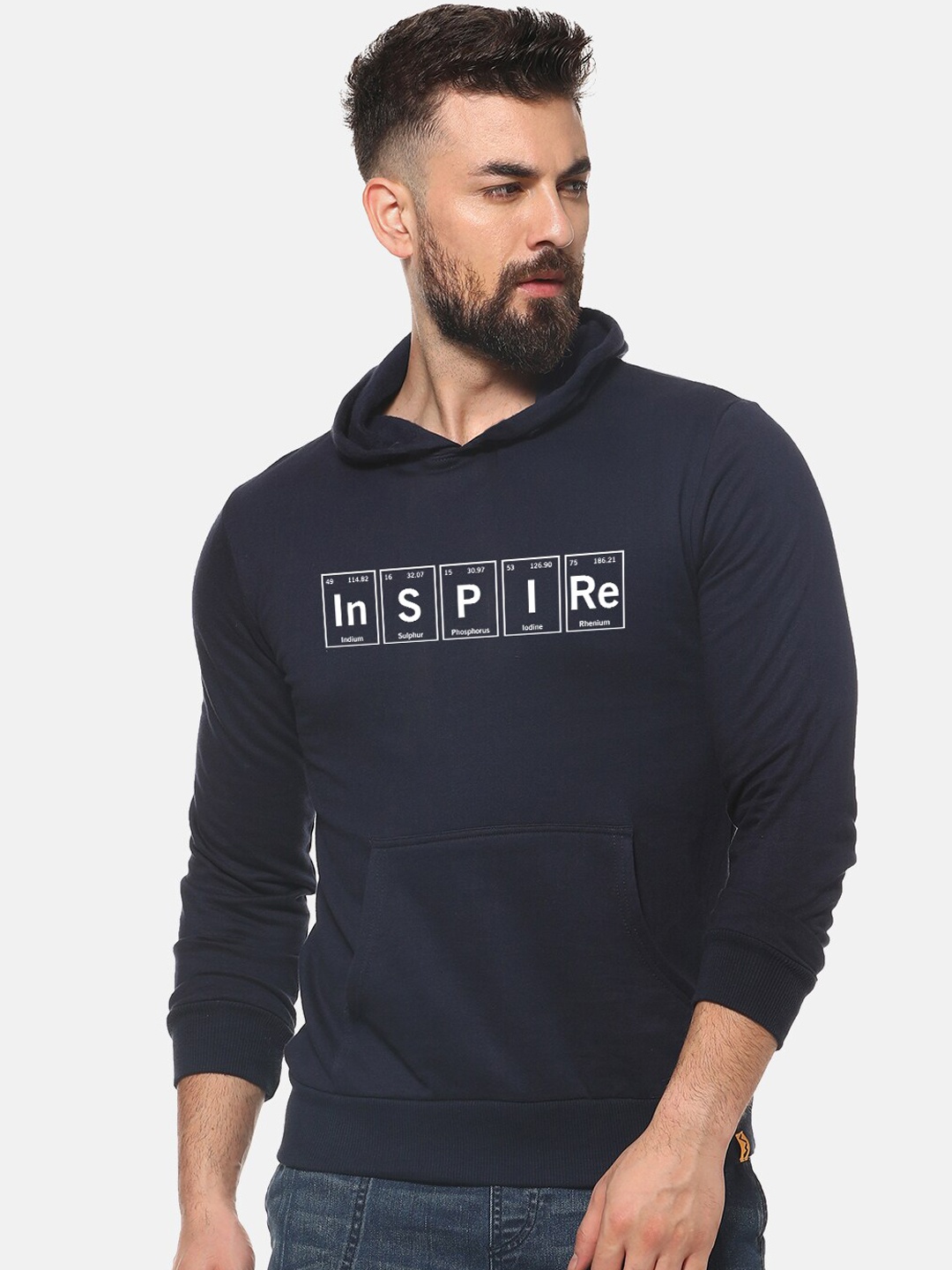 

Campus Sutra Men Navy Blue Printed Hooded Sweatshirt