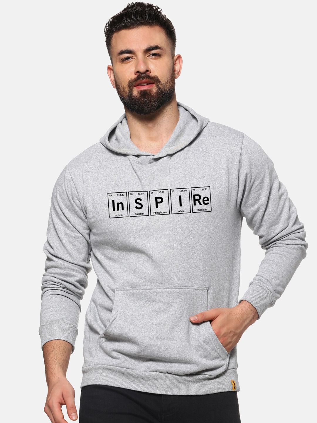 

Campus Sutra Men Grey Printed Hooded Sweatshirt