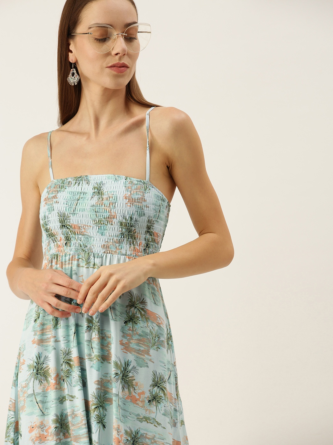 

FOREVER 21 Blue & Green Beach Print Mini Dress with Smocked Detail