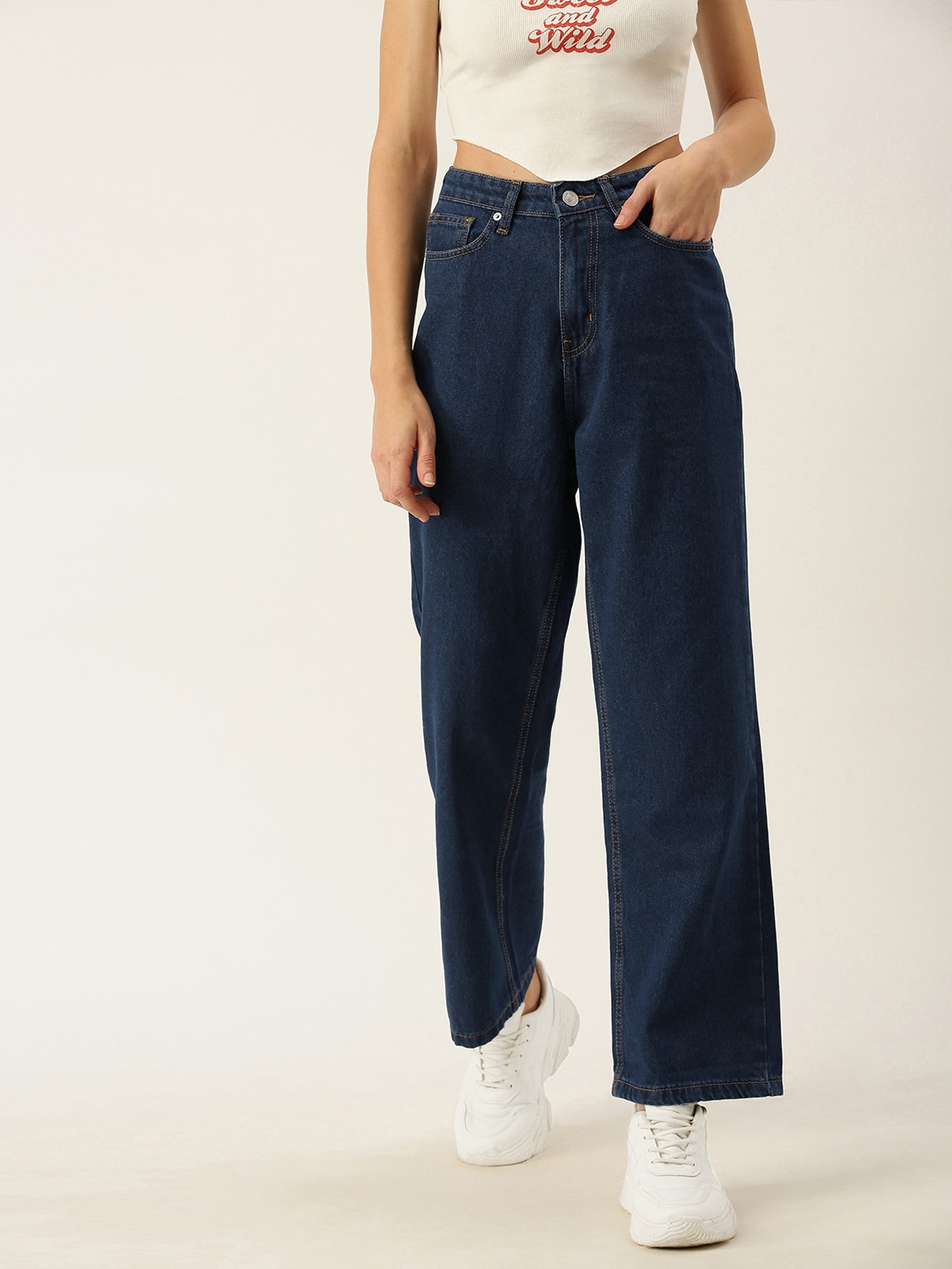 

FOREVER 21 Women Navy Blue Mid-Rise Wide Leg Jeans