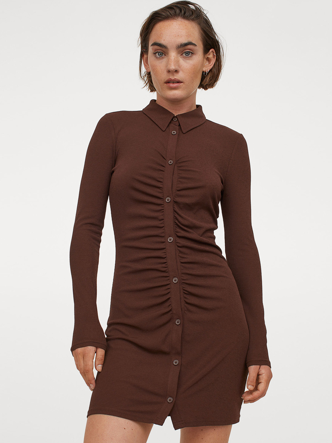 

H&M Brown Solid Gathered Jersey Shirt Dress
