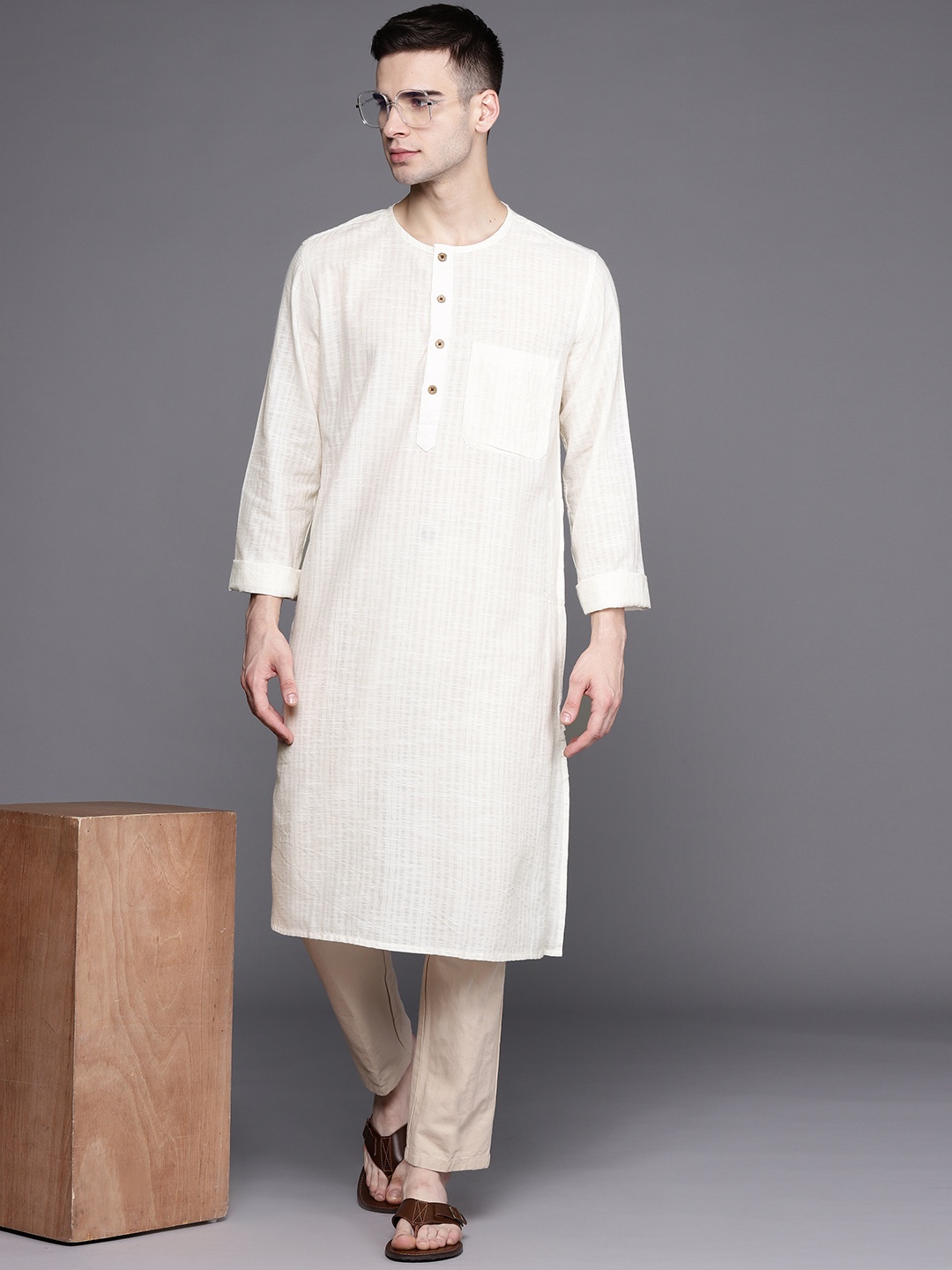 

Fabindia Men Off-White Self-Striped Comfort Fit Pure Cotton Straight Kurta