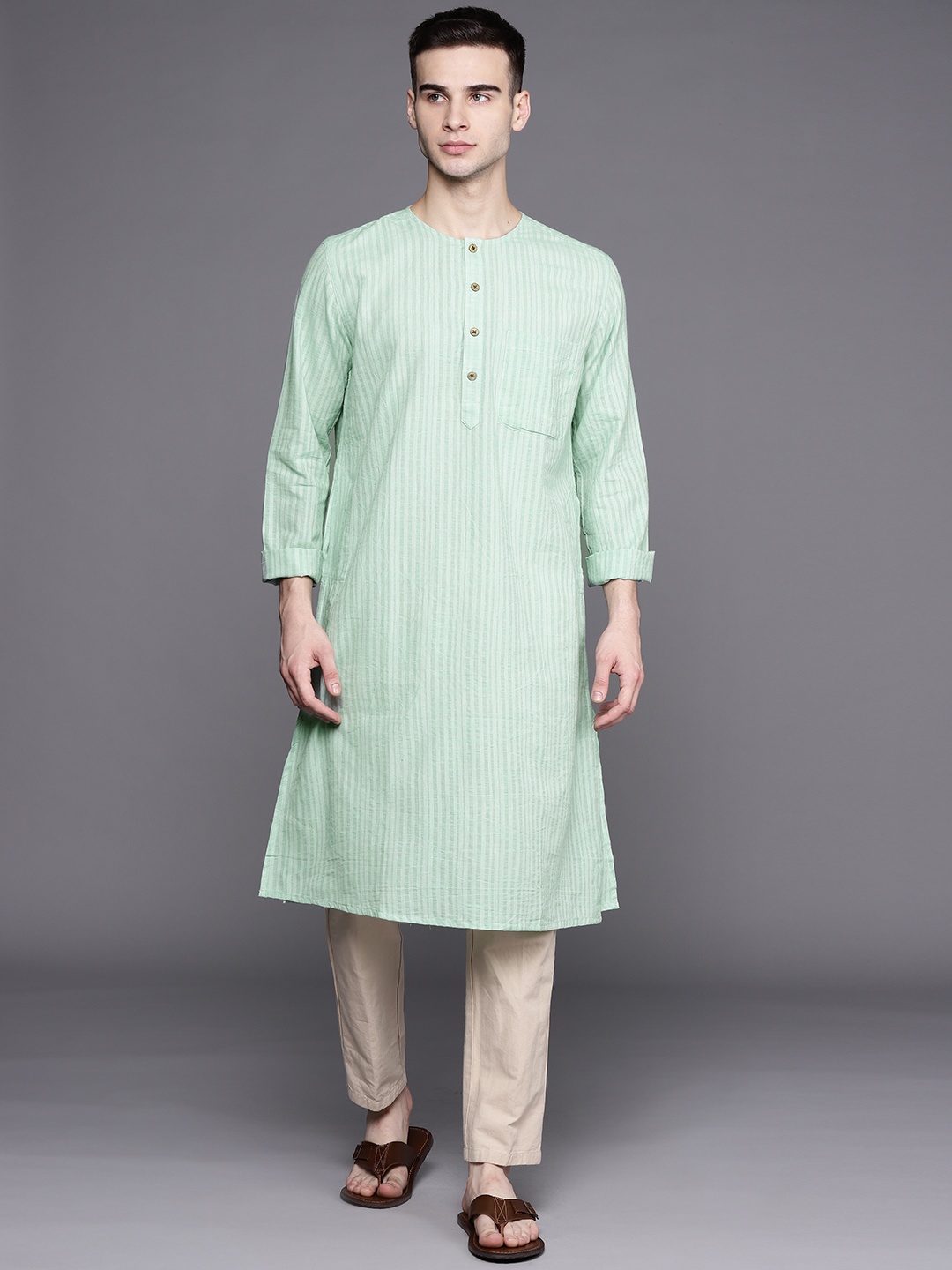 

Fabindia Men Green Striped Comfort Fit Pure Cotton Straight Kurta