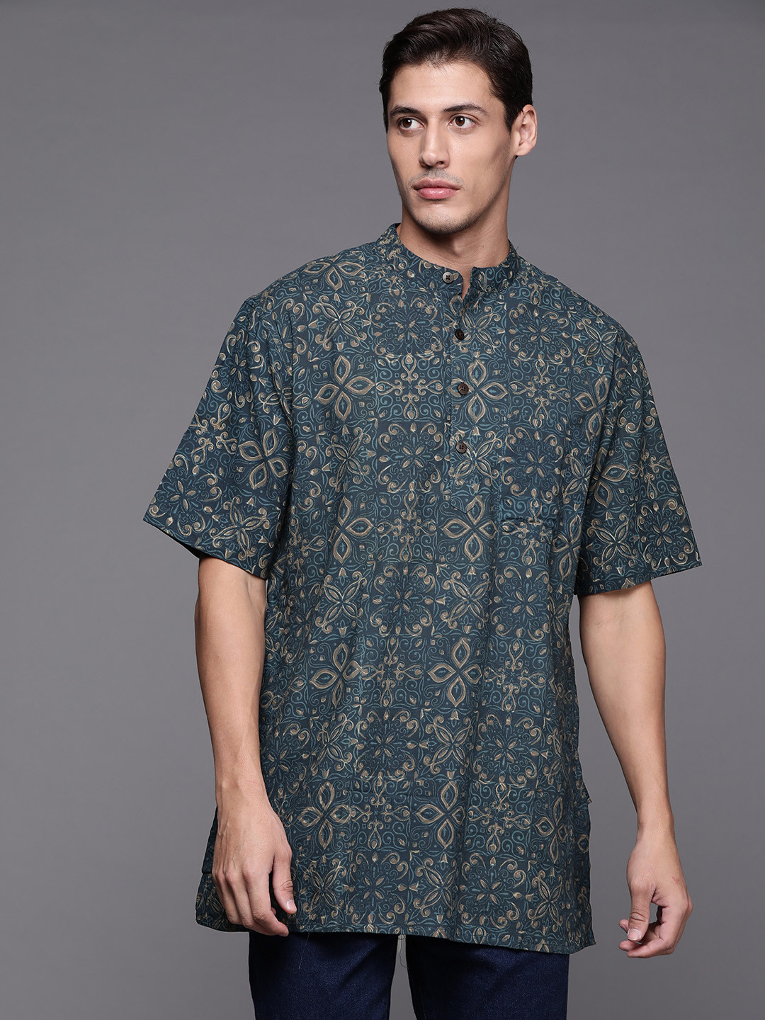 

Fabindia Men Teal Blue & Taupe Pure Cotton Ethnic Motifs Printed Kurta