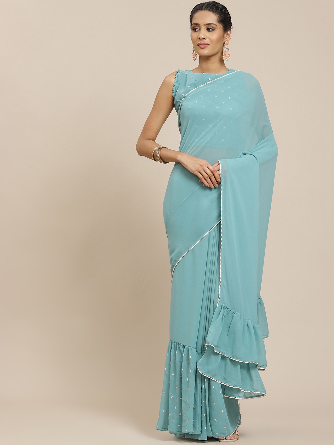 

Sangria Sea Green Sequinned Detail Ruffled Saree