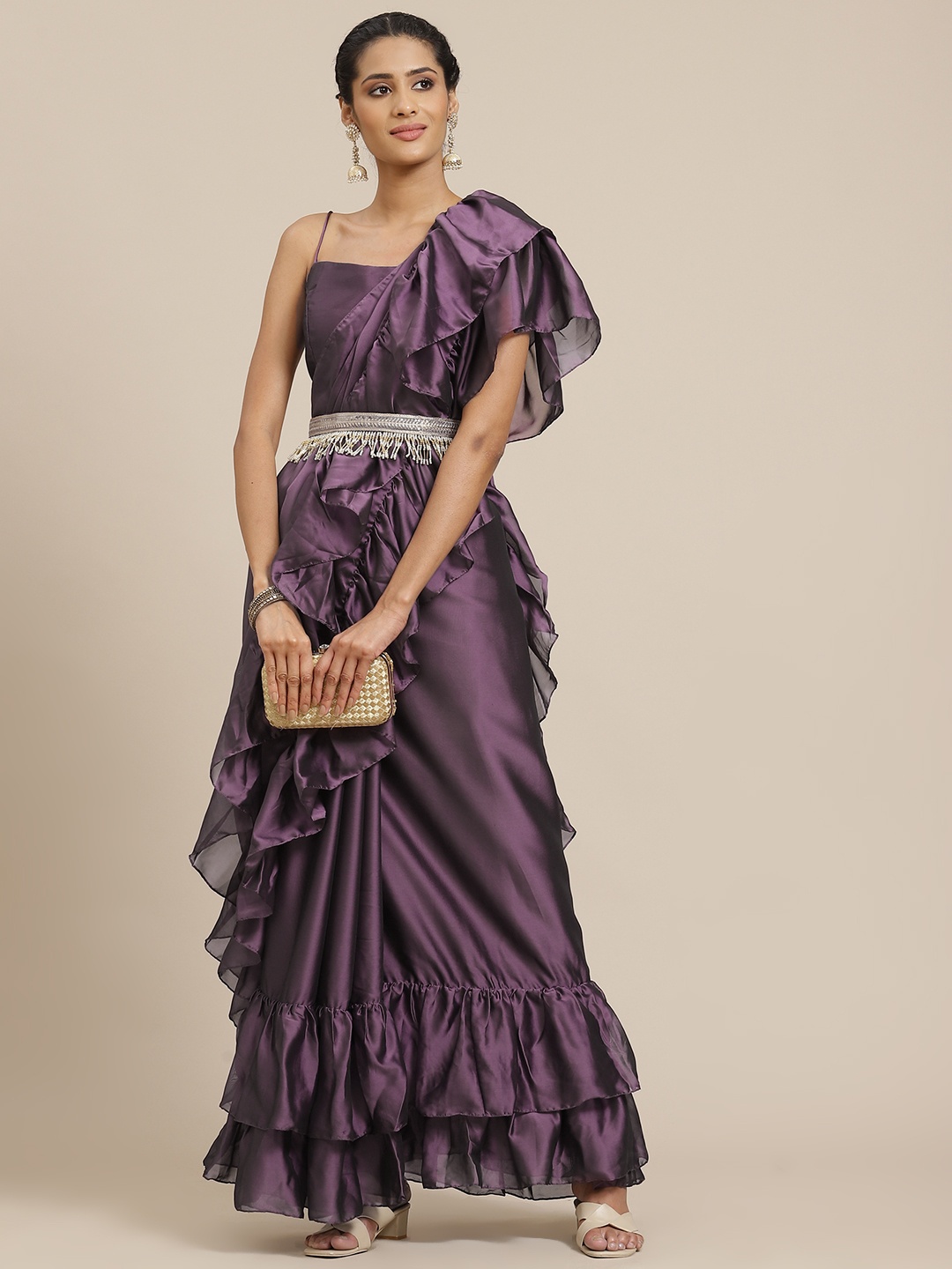 

Sangria Purple Beads and Stones Ruffled Belted Saree