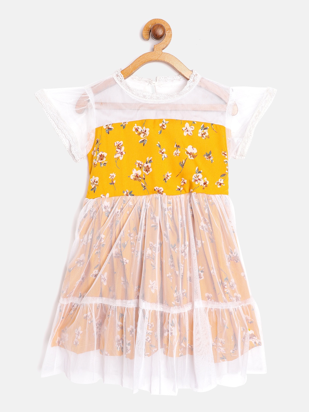 

Bella Moda Girls Yellow & White Net Floral Printed Fit & Flare Dress