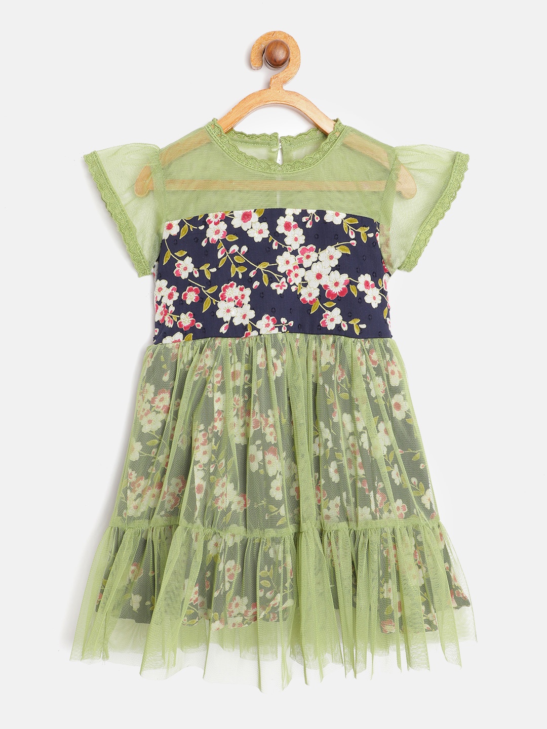 

Bella Moda Girls Navy Blue & Green Floral Print Fit & Flare Dress