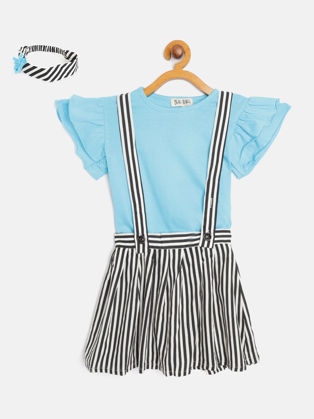 

Bella Moda Girls Blue Solid Top with Striped Skirt and Hairband