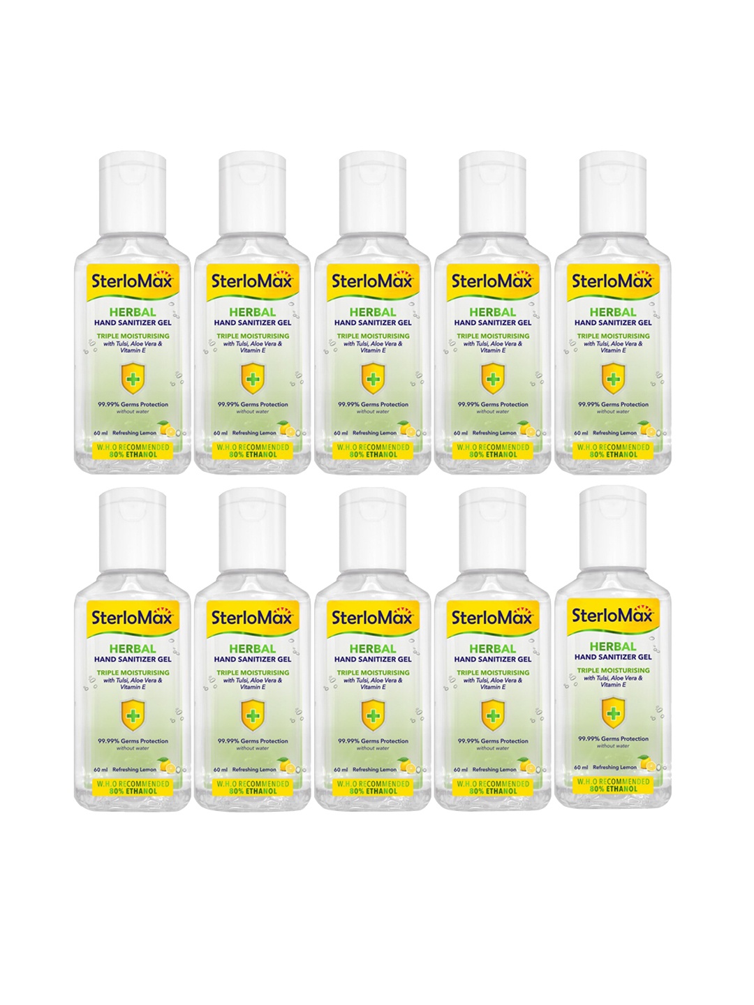 

SterloMax Set of 10 Herbal Hand Sanitizer Gel with Tulsi, Aloe & Vitamin E - 60 ml each, White