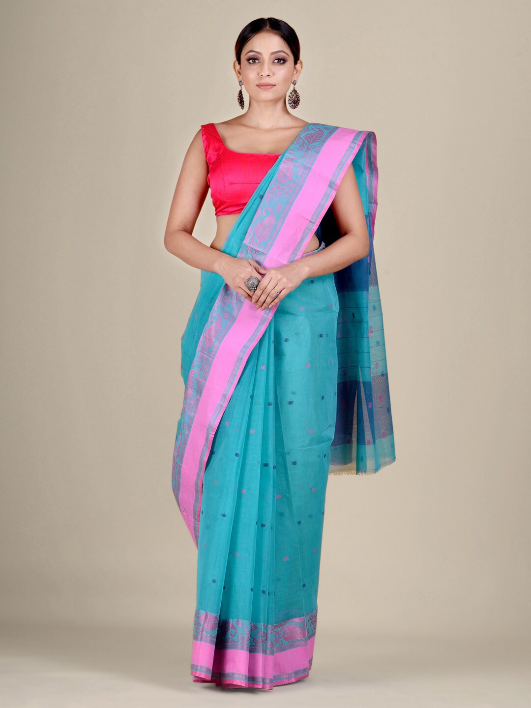 

Mitera Sea Green & Pink Ethnic Motifs Pure Cotton Taant Saree
