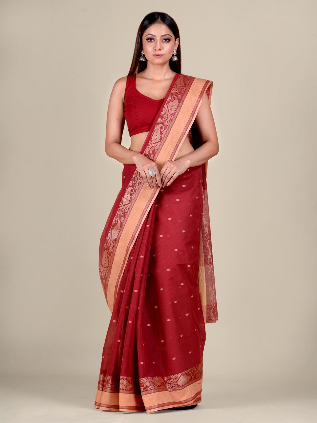 

Mitera Maroon & Yellow Paisley Pure Cotton Taant Saree