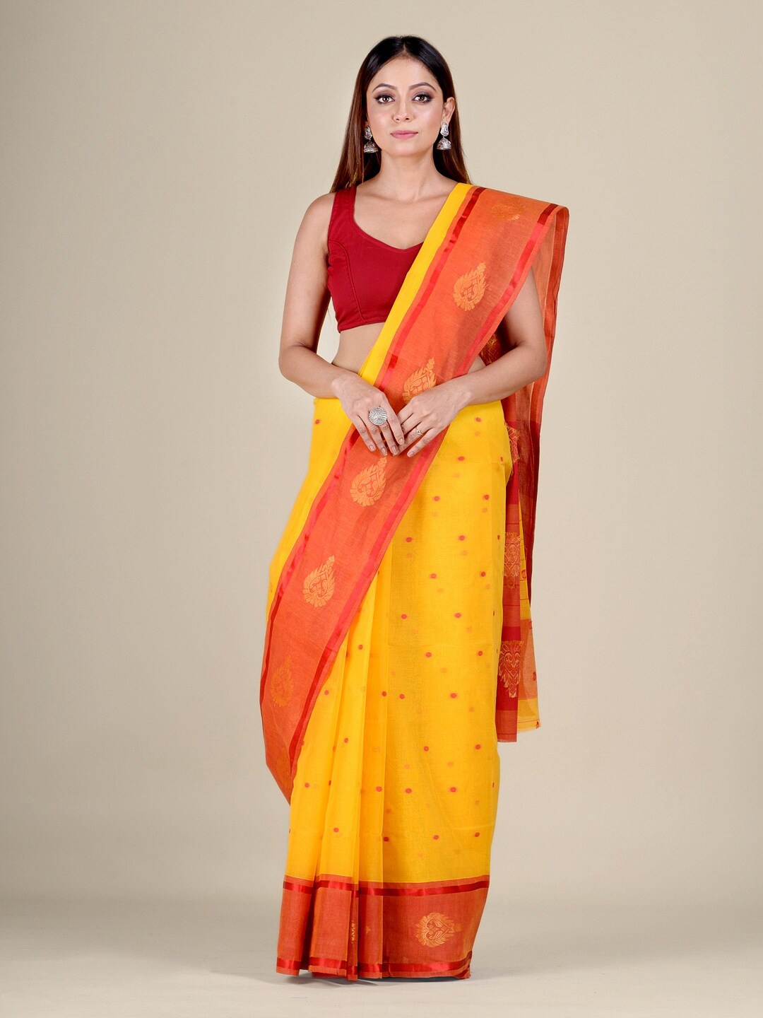 

Mitera Yellow & Red Woven Design Pure Cotton Handwoven Taant Saree