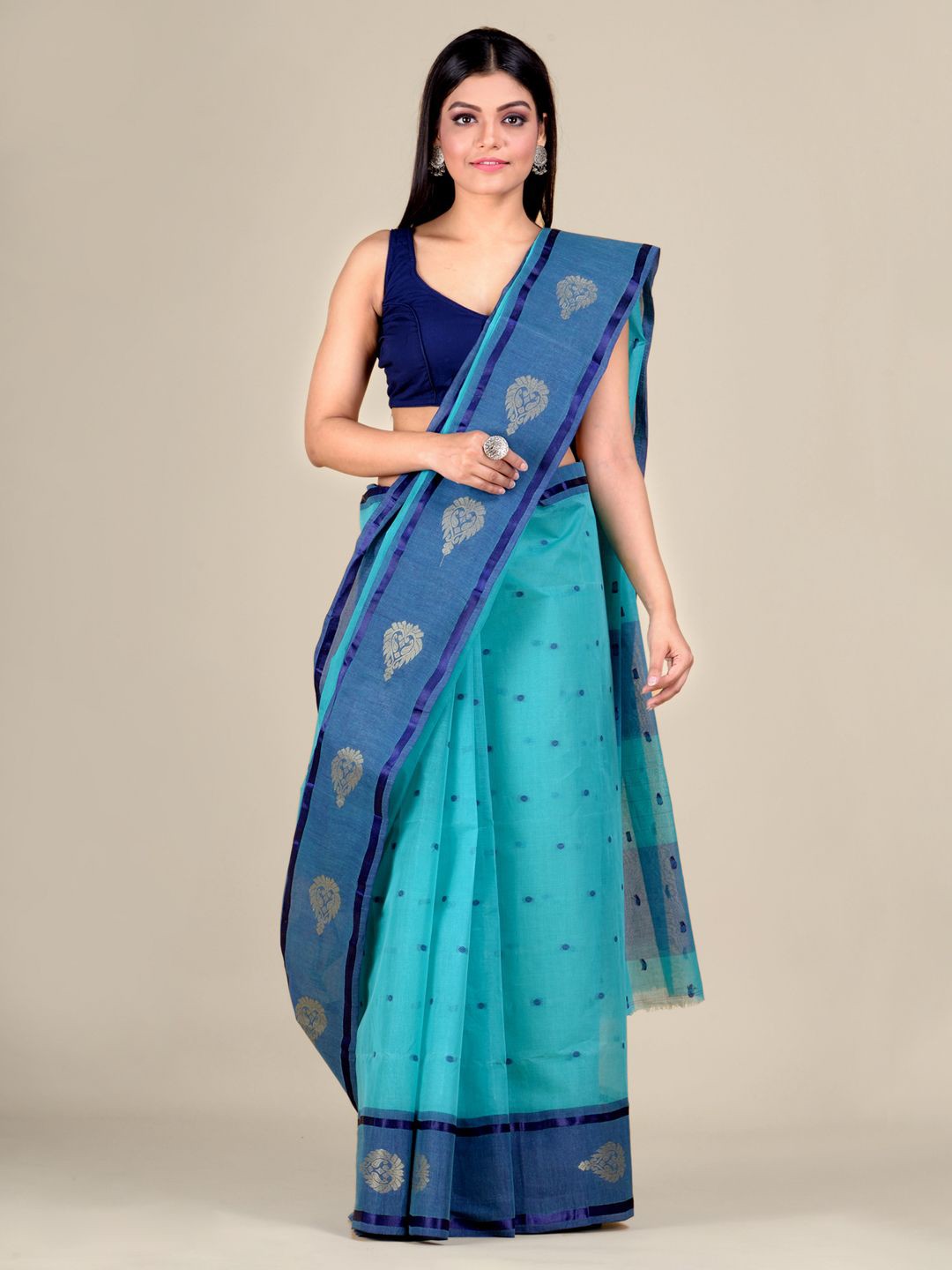 

Mitera Turquoise Blue & Blue Woven Design Pure Cotton Taant Saree