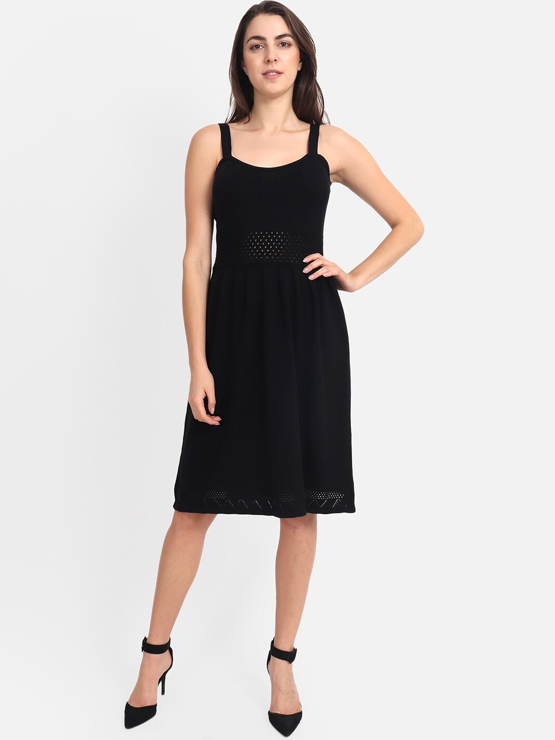

FABNEST Women Black Self Design Fit and Flare Dress
