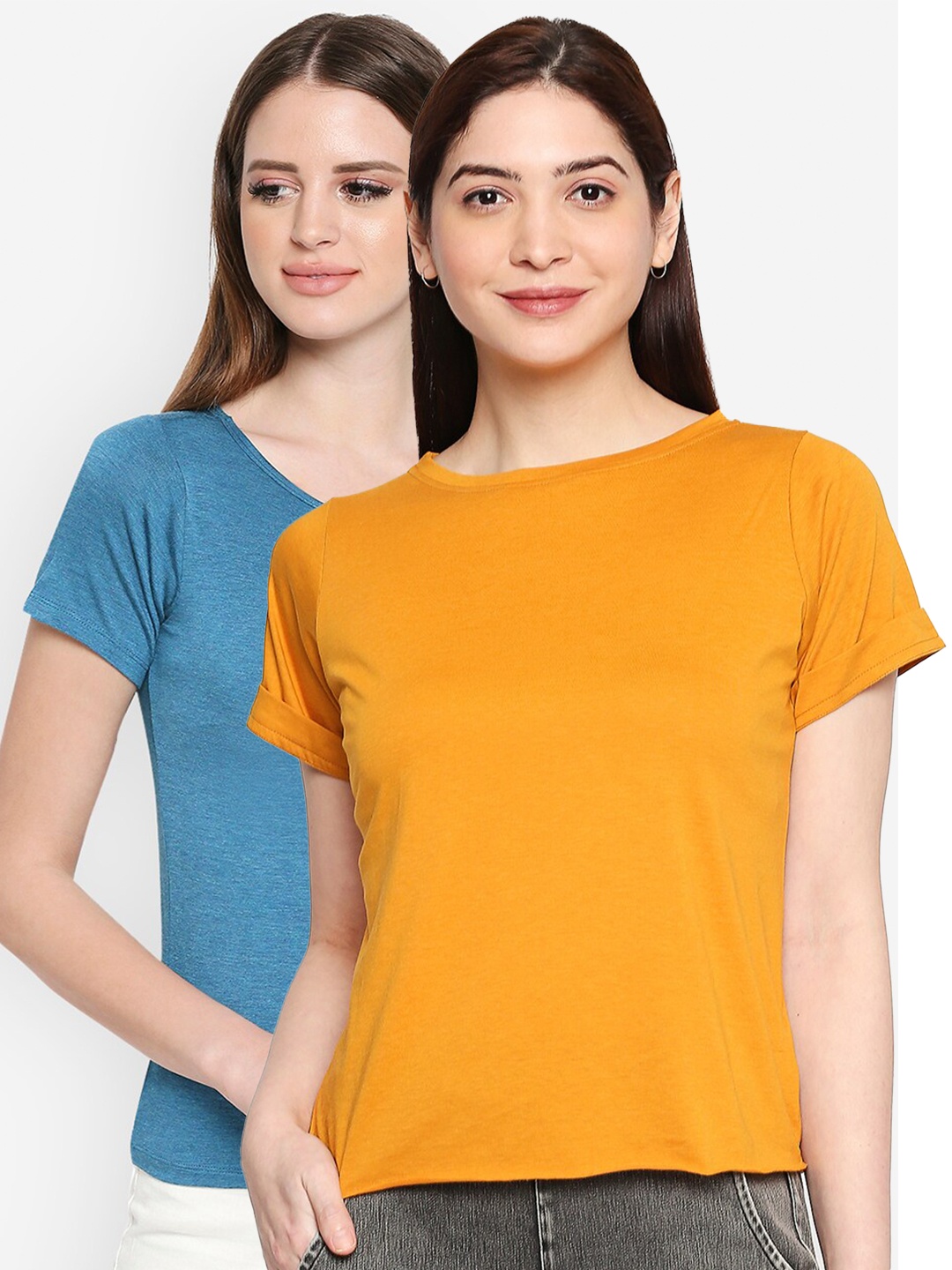 

inocenCia Women Teal and Mustard Pack of 2 Solid Viscose Rayon T-shirts