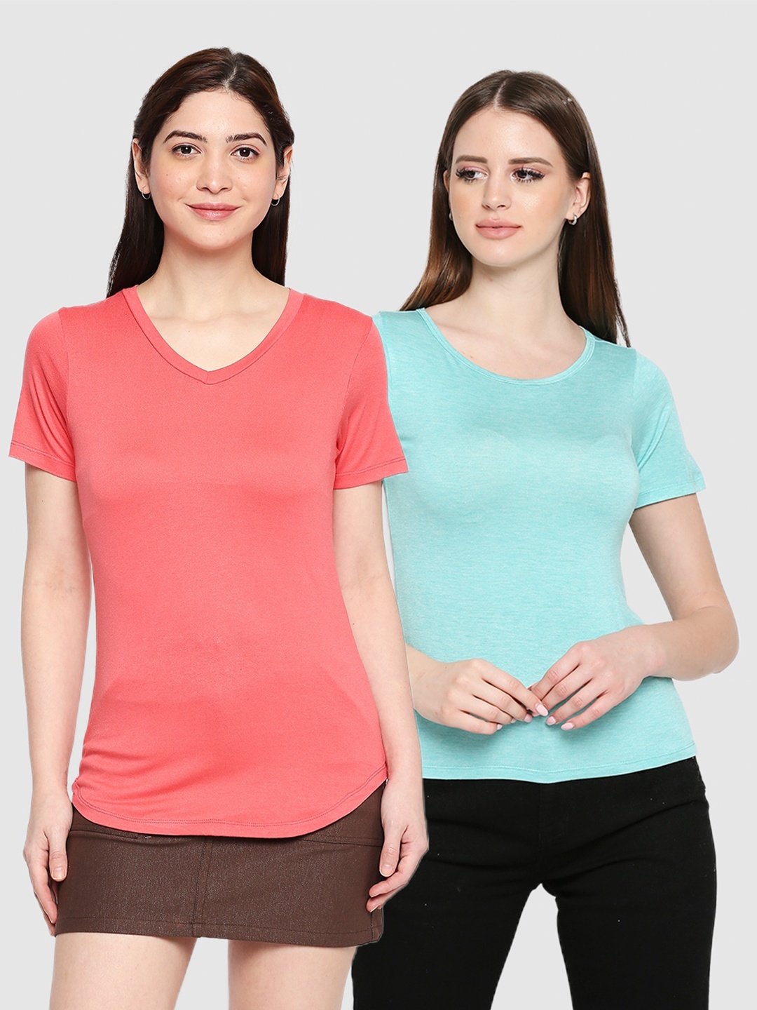 

inocenCia Women Blue and Coral Pack of 2 Solid Viscose Rayon T-shirts