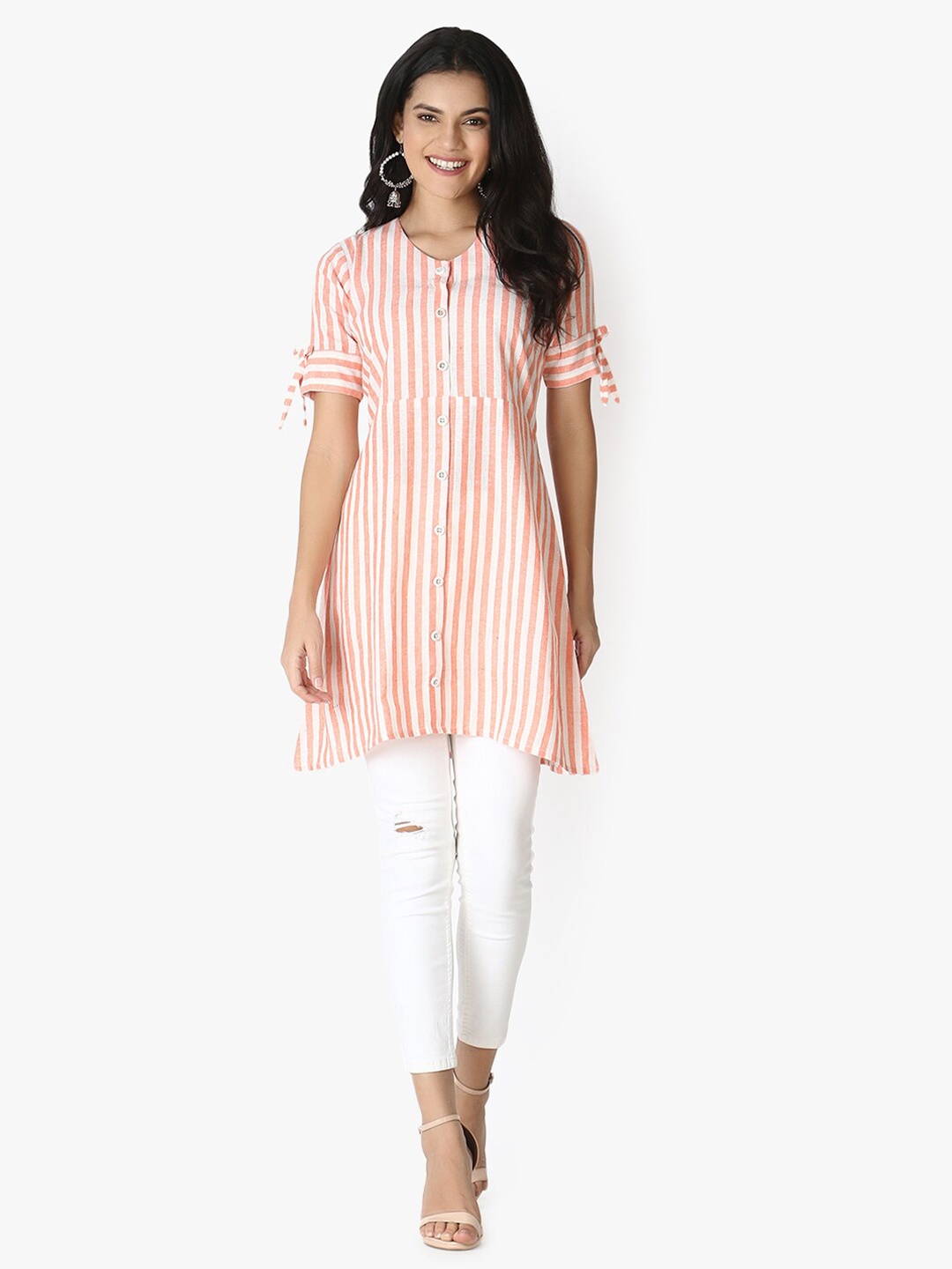 

OM SAI LATEST CREATION Orange & White Striped V-Neck Kurti